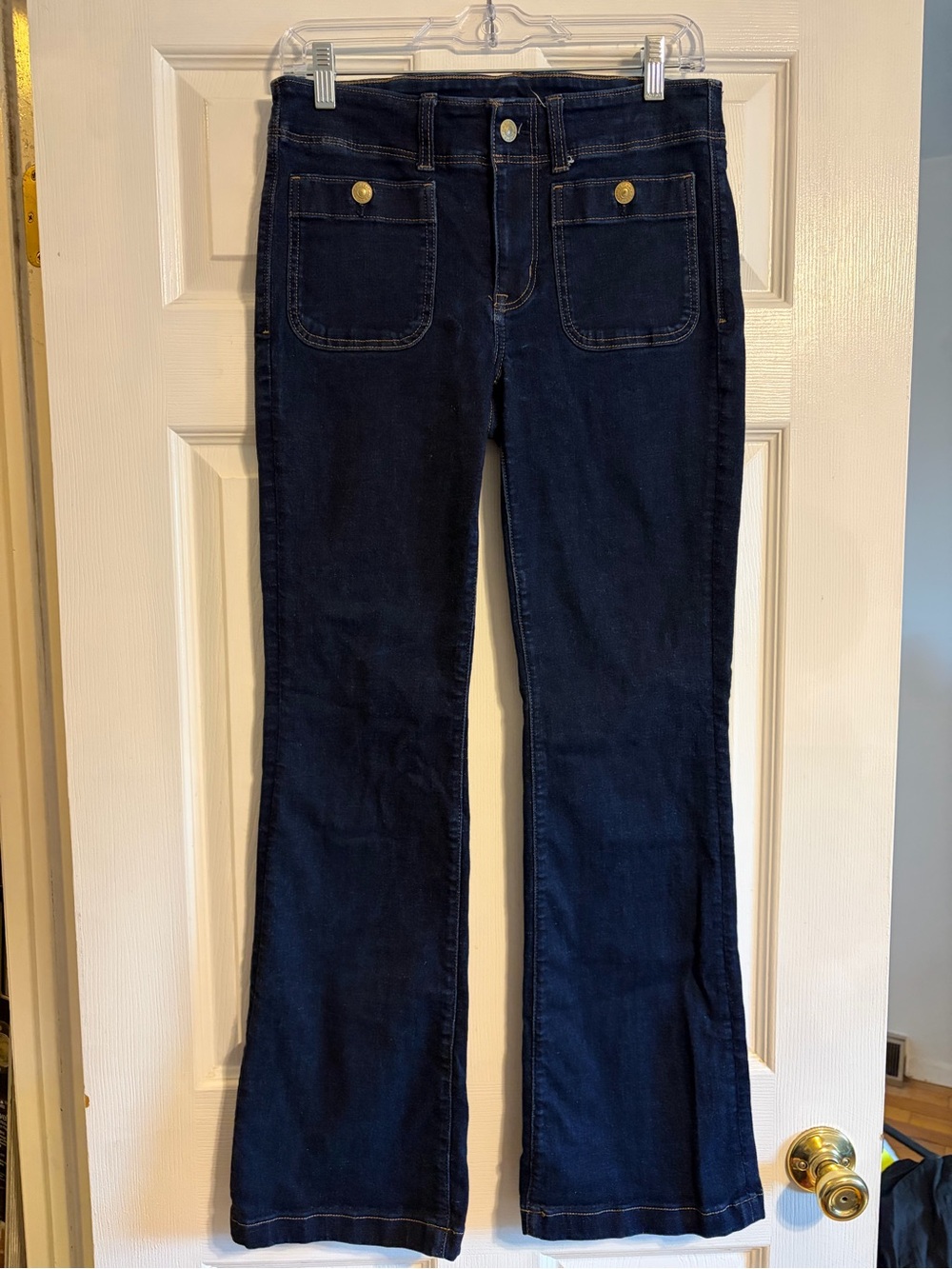 American Eagle Kick Boot Jeans Sz 8 Dark Wash Patch Pocket Flare Stretch Denim